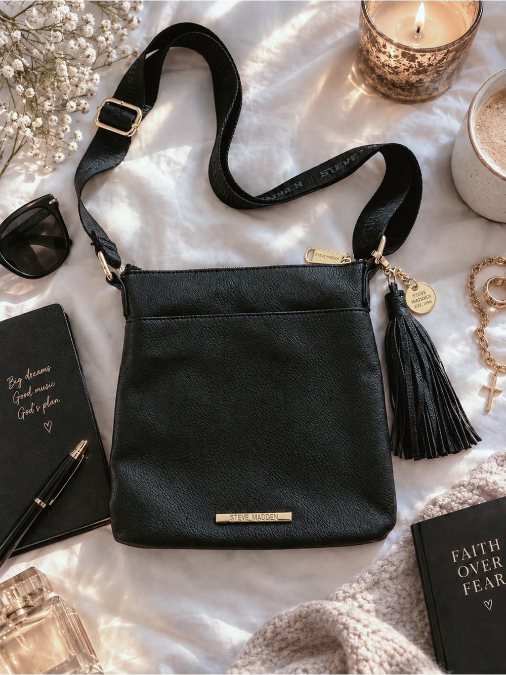 Steve Madden Black PU Leather Crossbody with Tassel Charm and Gold Accents